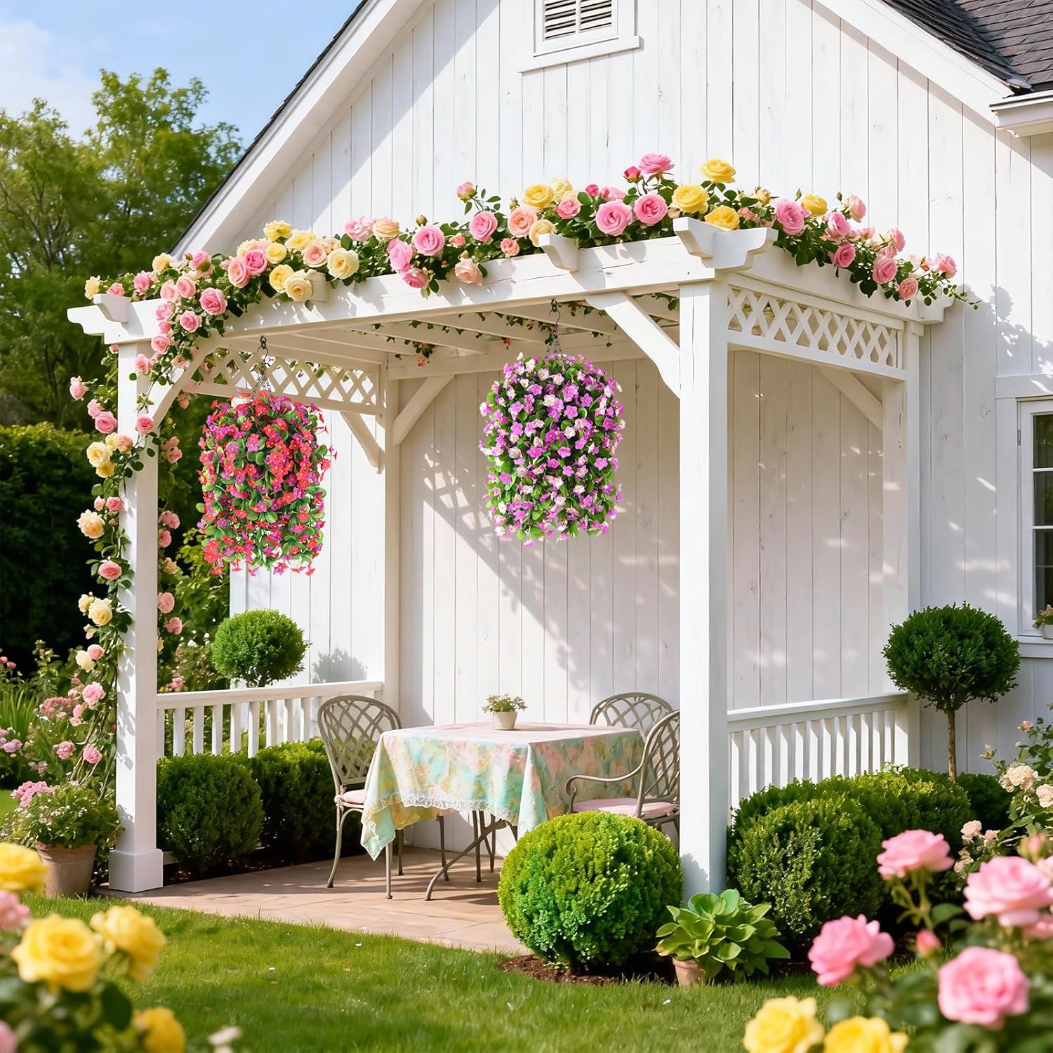 Artificial Fake Hanging Flowers for Outdoors, 2 Pcs Artificial Hanging Plants Outdoors Spring Summer Decor, UV Resistant Faux Violet Silk Flowers for Planters Front Door Yard Garden(Pink Rose Red) - Image 6