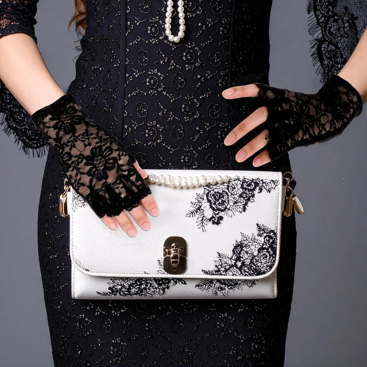 Lace Fingerless Gloves Short Black Gloves Elegant Floral Glove for Wedding, Halloween, Party, Performance - Image 7
