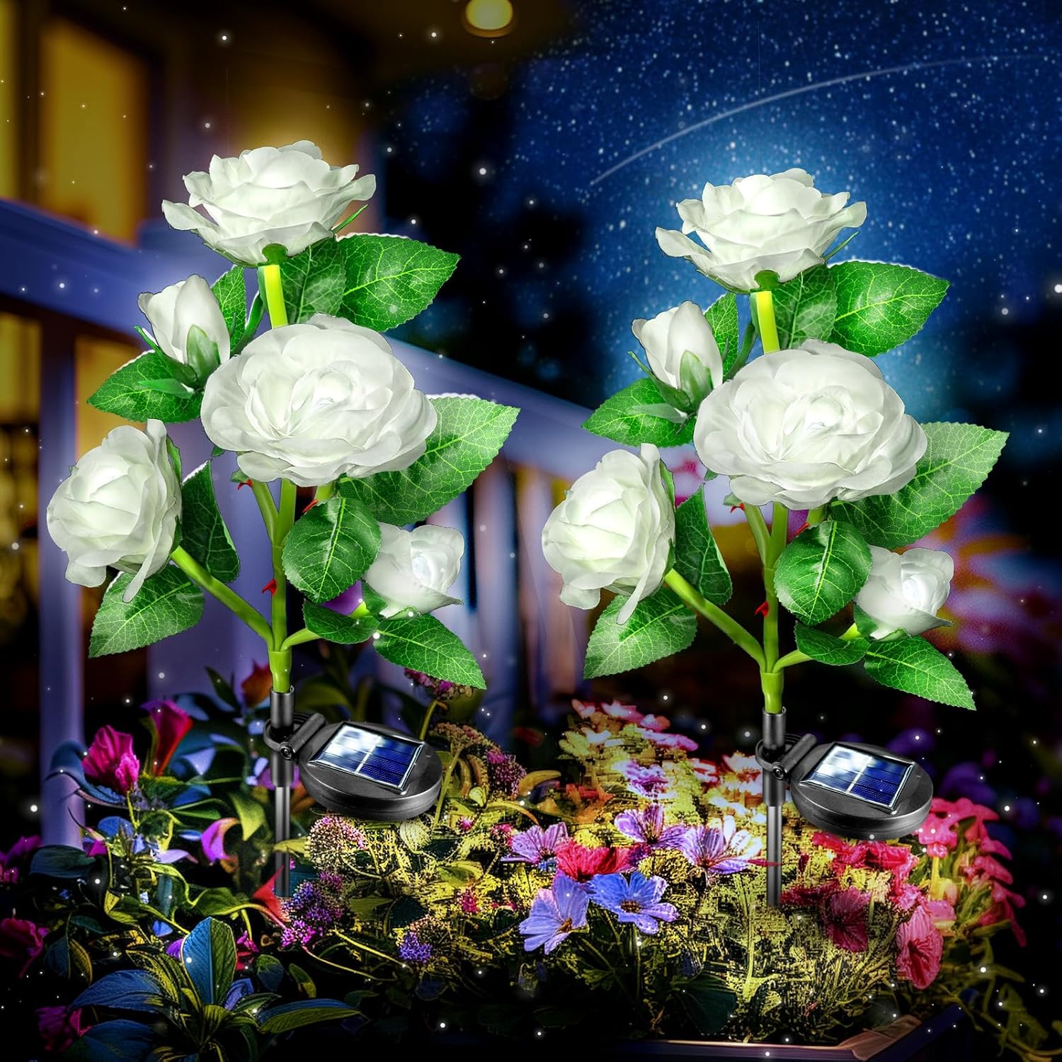 Anordsem Solar Garden Lights Outdoor: 10 Artificial Fabric White Roses Flowers 2 Pack- LED Flower Decorations for Cemetery Grave Pathway Yard- Birthday Gifts for Women, Wife and Mother
