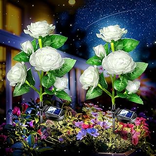 Anordsem Solar Garden Lights Outdoor: 5 Realistic Artificial White Roses Flower 2 Pack- Elegant Minimalist Memorial Lighting for Yard Cemetery Decorative- Gardening Gifts for Homeowners Friend