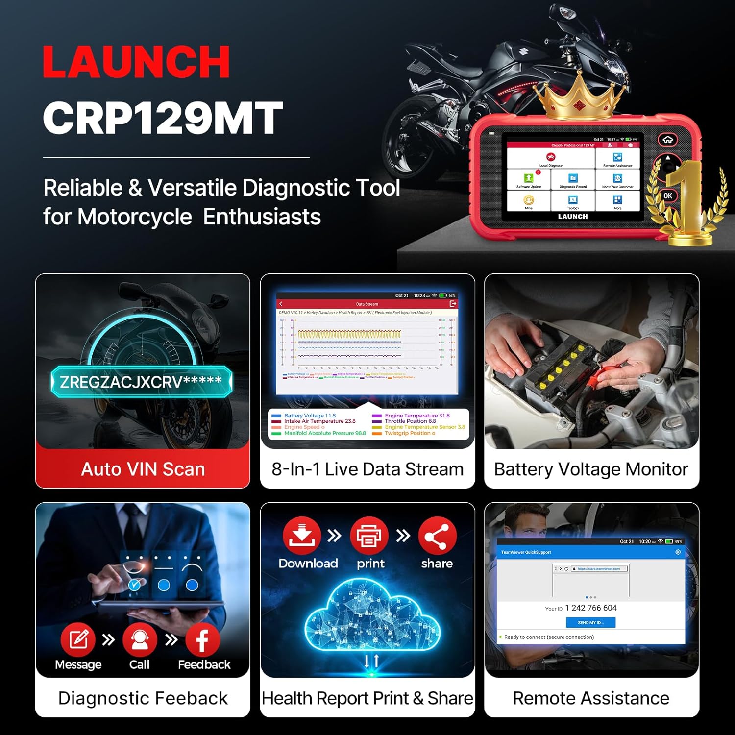 LAUNCH CRP129MT Pro Motorcycle Scanner,Fully Functional Bidirectional Scanner with Multi Resets,38+ Brands,Motorcycle scan Tool Fits for Harley, Honda, Yamaha, Indian,Suzuki,Polaris,Victory,BMW & More