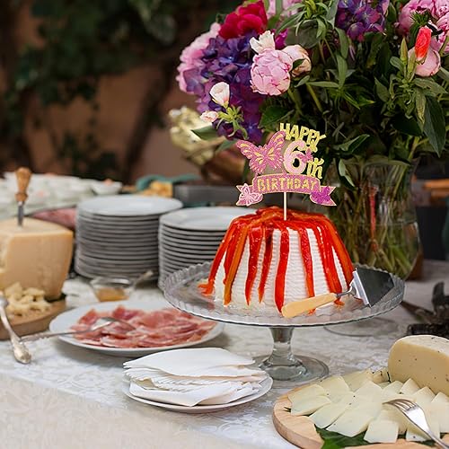 Miniatura 7 de 1 pieza de decoración de pastel de 6 cumpleaños de mariposa con purpurina dorada y rosa para 6 cumpleaños, decoración para baby shower, niños y