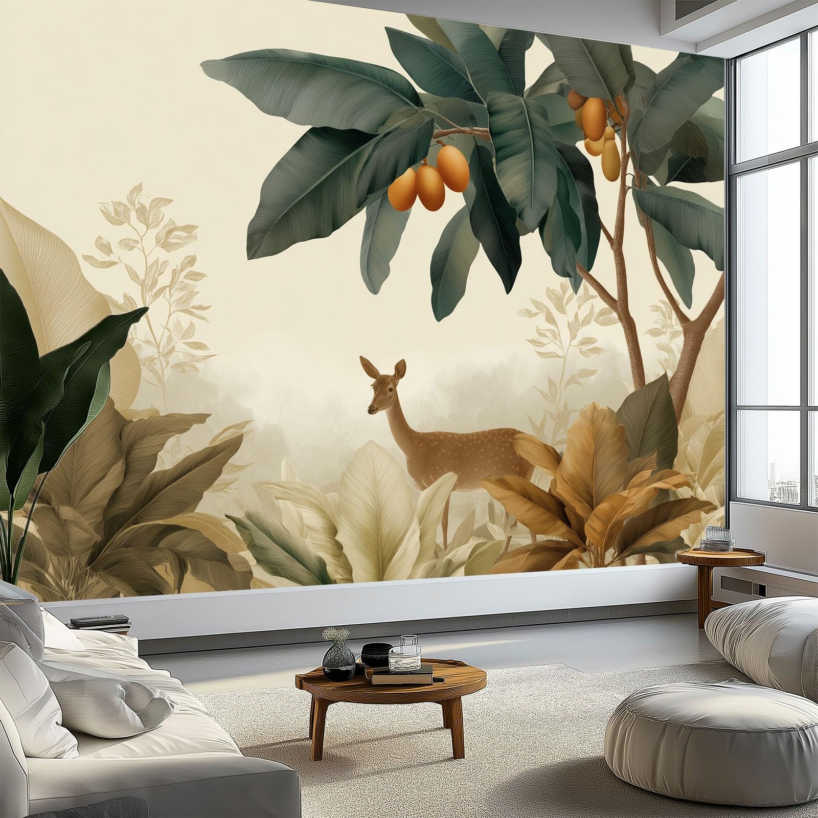 Minimalne drzewo bananowe jeleń mural tapeta 300 x 210 cm, beżowe murale ścienne do sypialni salonu dziecięcego przedszkola mural ścienny art deco - fototapeta plakat dekoracja