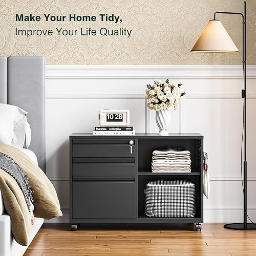Miniatura 8 de Archivador de 3 cajones con cerradura, archivador lateral móvil, soporte de metal para impresora con estantes para oficina en casa (negro)