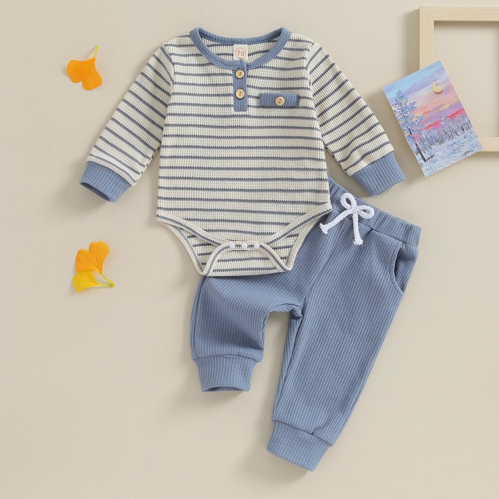 Pivanzore Newborn Baby Boy Clothes Pants Outfits Toddler Striped Long Sleeve Romper Bodysuit Set Soft 2025 Fall Winter Outfit (Blue, 3-6 Months)