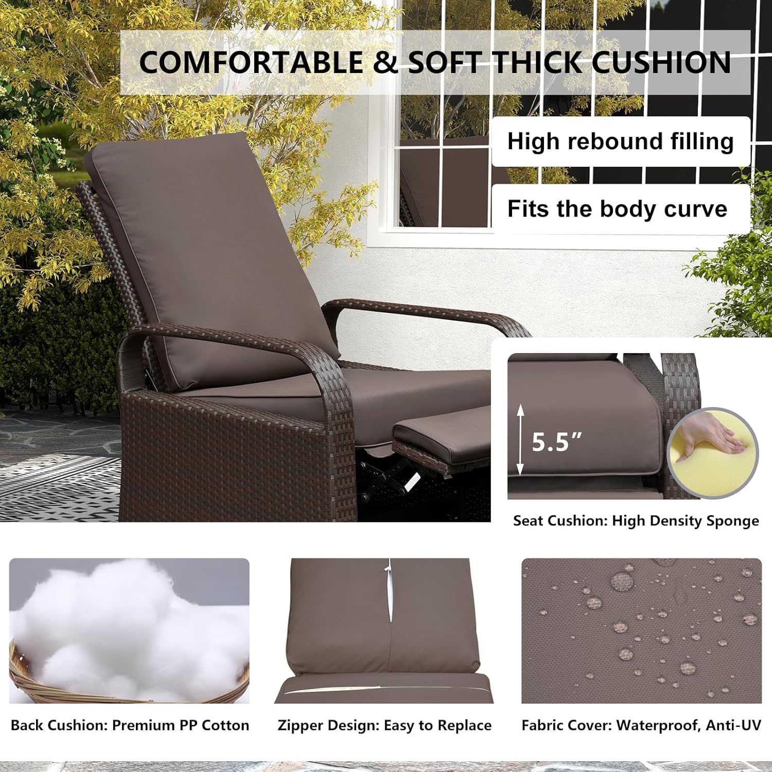 Skypatio Indoor/Outdoor Recliner Chair, Adjustable All-Weather Wicker Patio Large Reclining Chair, Aluminum Patio Rattan Spacious Seat Armchair with Thick Cushion