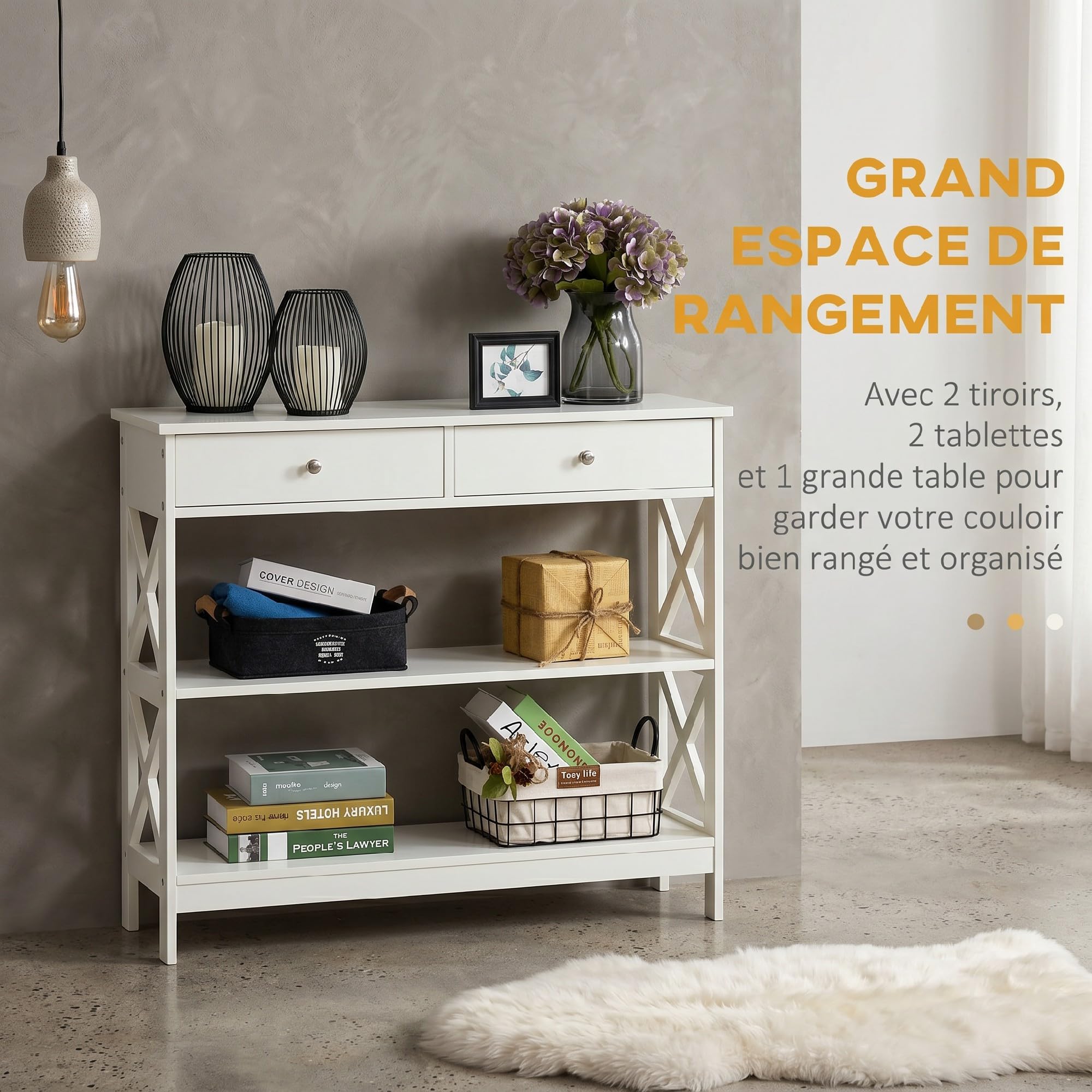 HOMCOM Table de Console Néo-Rétro 2 Tiroirs 100L x 30.5l x 80H cm Blanc