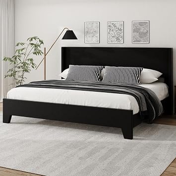 King Bed Frame with Faux Leather Upholstered Headboard, Wear-Resistant, Easy Clean, Mattress Foundation, No Box Spring Required, Easy Assembly, Black