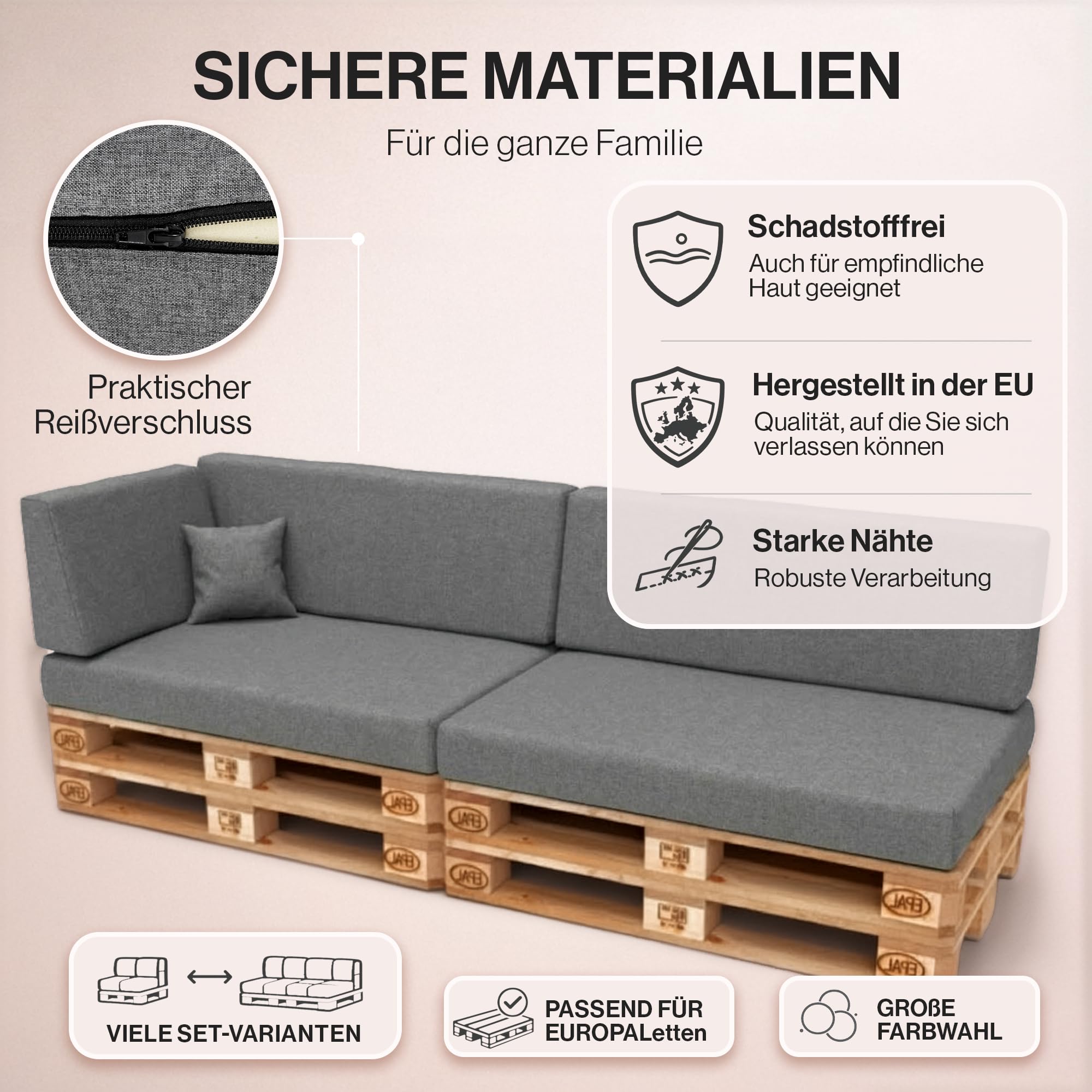 Cuscino per pallet 120 x 80 cm, per pallet europei, con schiuma poliuretanica granulata, trapuntato, per giardino, terrazza