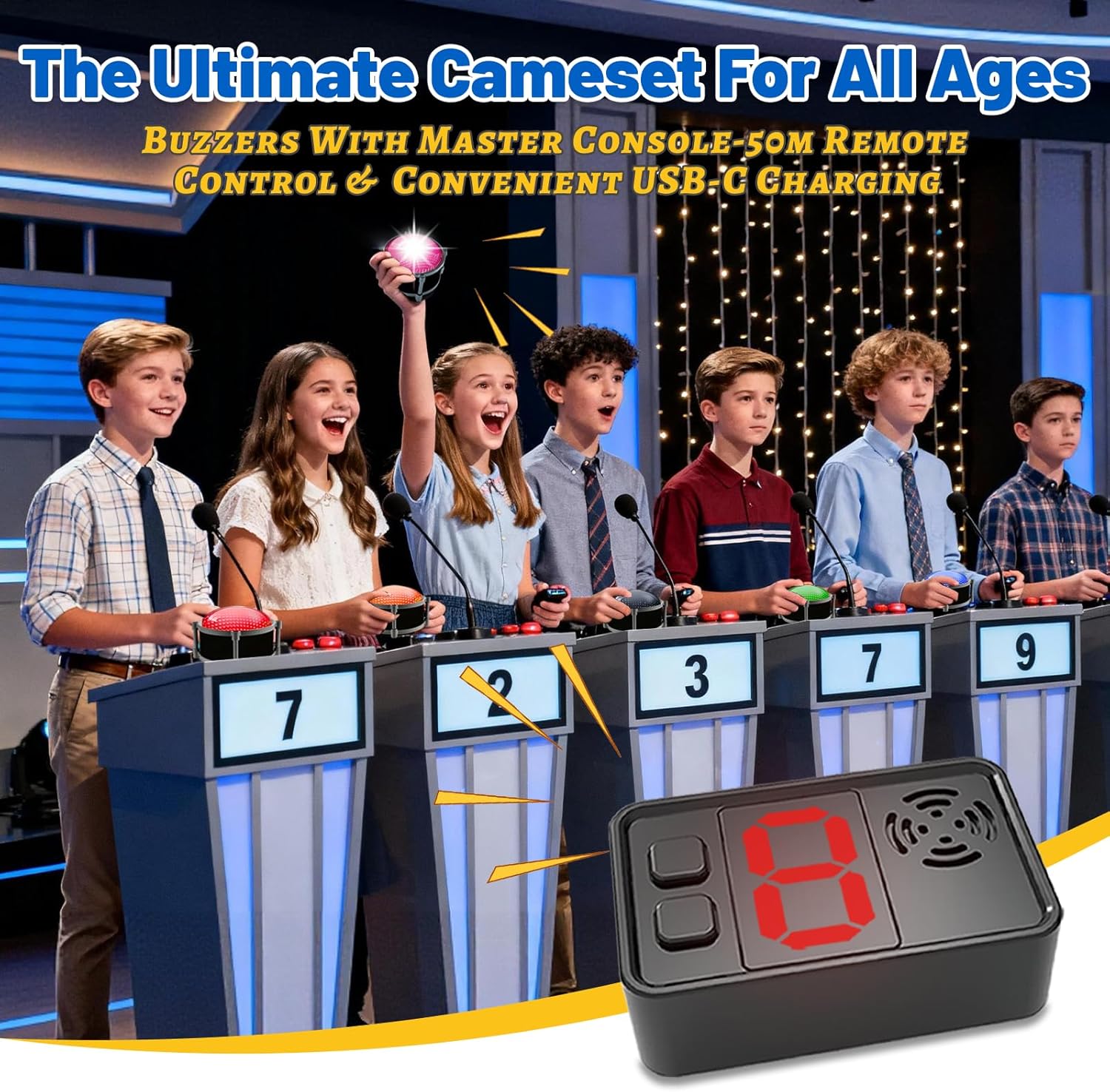 Set of 8 Buzzer for Game Show, Educational and Classroom Quiz, Family Games Night, Jeopardy Trivia, Show Who Buzzed First, 4 Modes, 50m(164Ft)-Buzzer System for Game Show, School