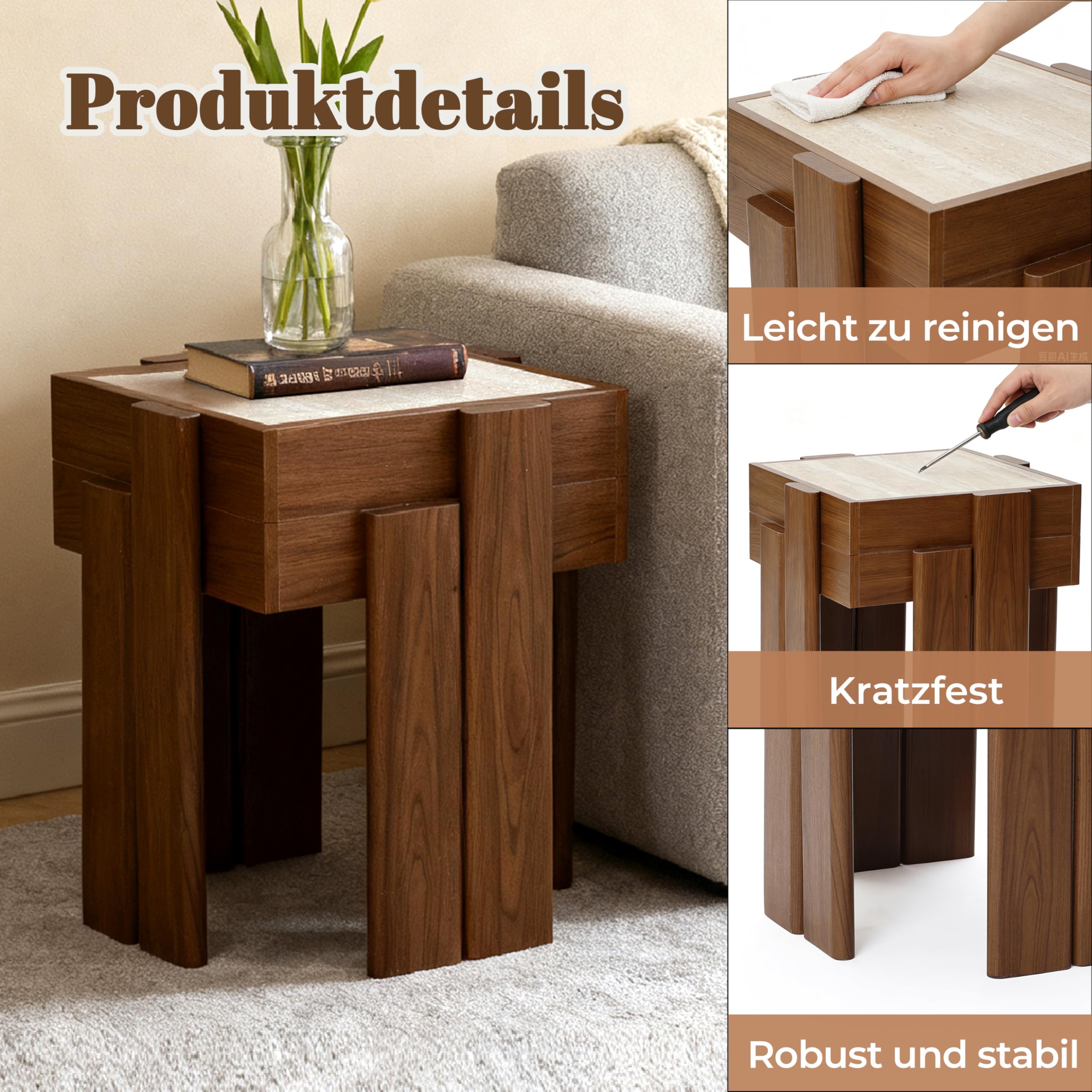 Hometopia 2er Set Beistelltische Quadratisch - Moderner Satztisch in Walnuss-Optik mit Stein-Dekor - Platzsparender Couchtisch & Nachttisch für Wohnzimmer & Schlafzimmer - Nesting Design