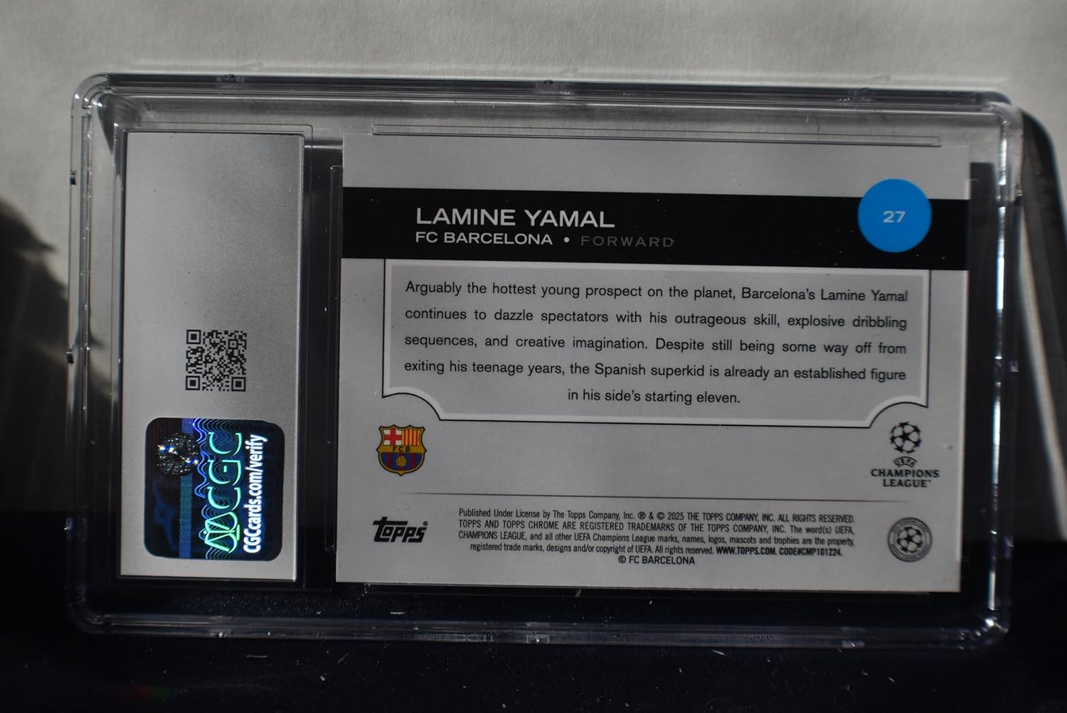 LAMINE YAMAL 2024-25 Topps Chrome UEFA Club Competitions Future Stars #27 SPECKLE REFRACTOR PARALLEL Soccer Card CGC Graded Mint 9 Barcelona Spain