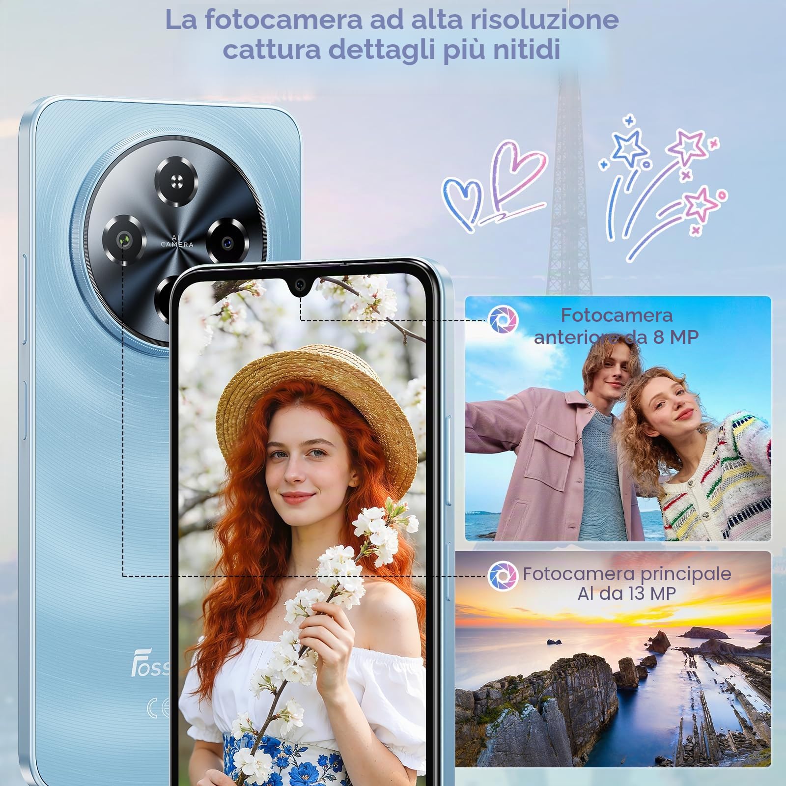 FOSSiBOT S5-120Hz Smartphone Android15, 6000mAh batteria Telefono Cellulare, 16GB+128GB/1TB Gemini AI, Cellulare schermo 6.88", 8.5mm Cellulari e Smartphone, Dual SIM 4G telefono (Blu)