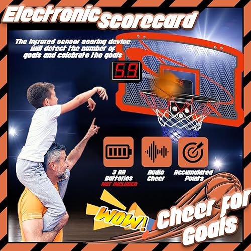 Miniatura 2 de TEUVO Aro de baloncesto para interiores para niños y adultos, mini aro de baloncesto con marcador electrónico, 4 bolas sobre la puerta, mini aros
