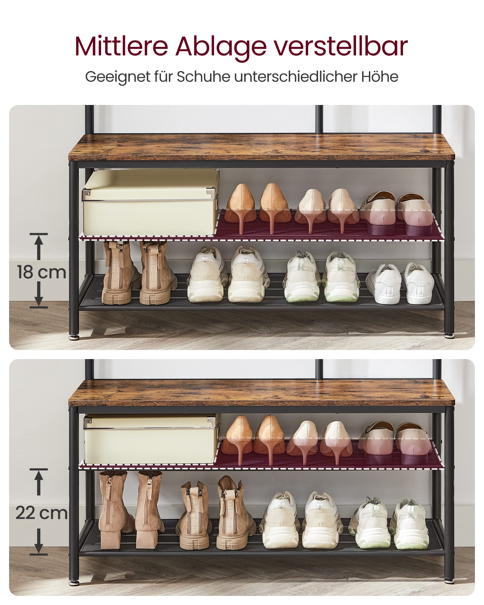 VASAGLE Kleiderständer, Garderobe, Garderobenständer mit Haken, Spiegel, Sitzbank, 35 x 98 x 180 cm, für Eingangsbereich, Schlafzimmer, Wohnzimmer, Industrie-Design, vintagebraun- schwarz HSR415B01