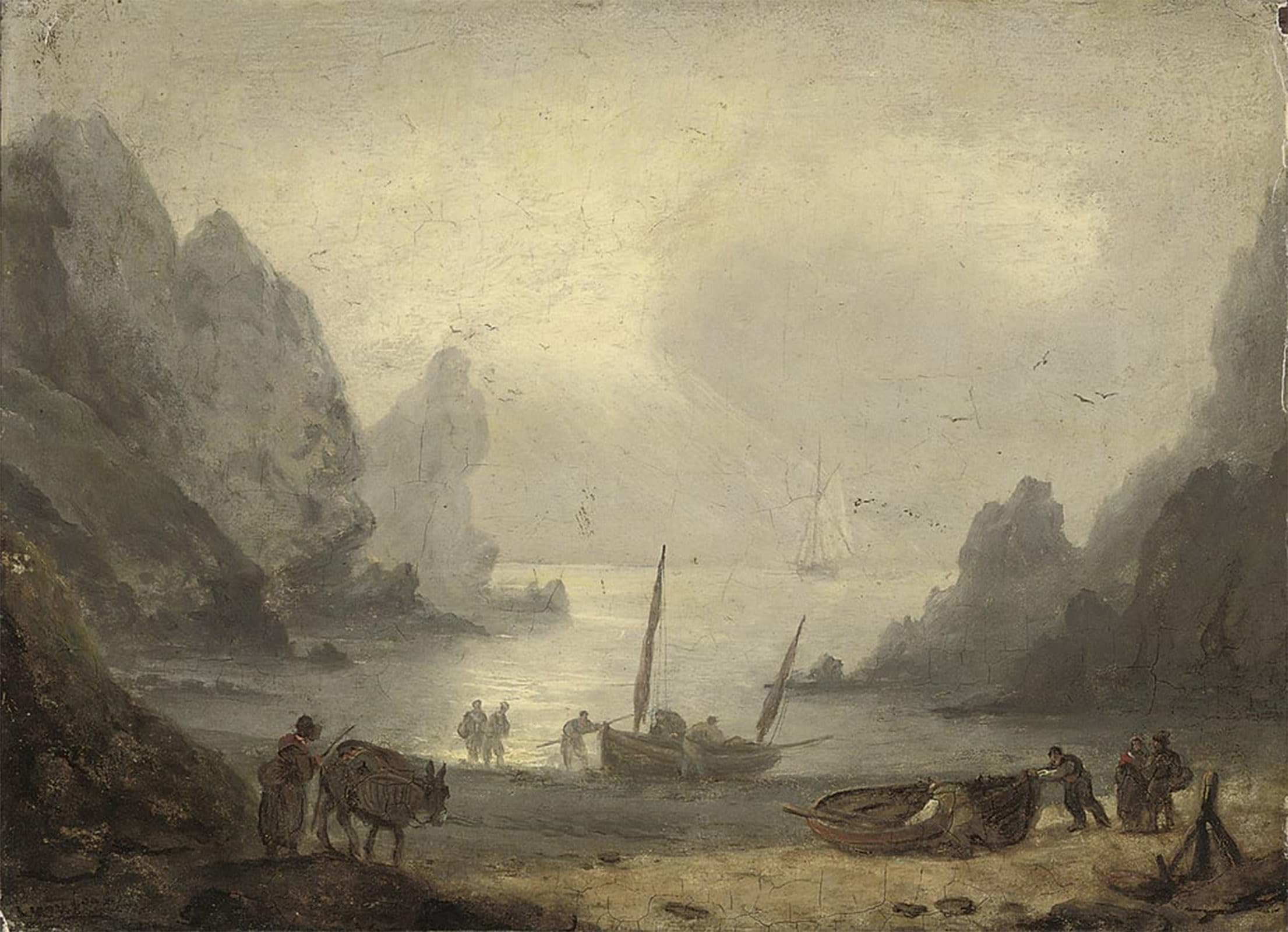SERENDIPITP Aesthetic Poster Photo Wall Print Retro Picture a Devsnshire Inlet with Fishermen Unloading Their Catch Onto the Foreshore by Luny Modern Wall Artwork for Home Decor 60x90cm