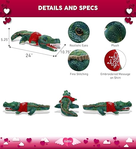 Miniatura 3 de DolliBu Peluche de cocodrilo verde con texto en inglés I Love You Green Alligator - Lindo animal de peluche con camisa roja y nombre personalizado
