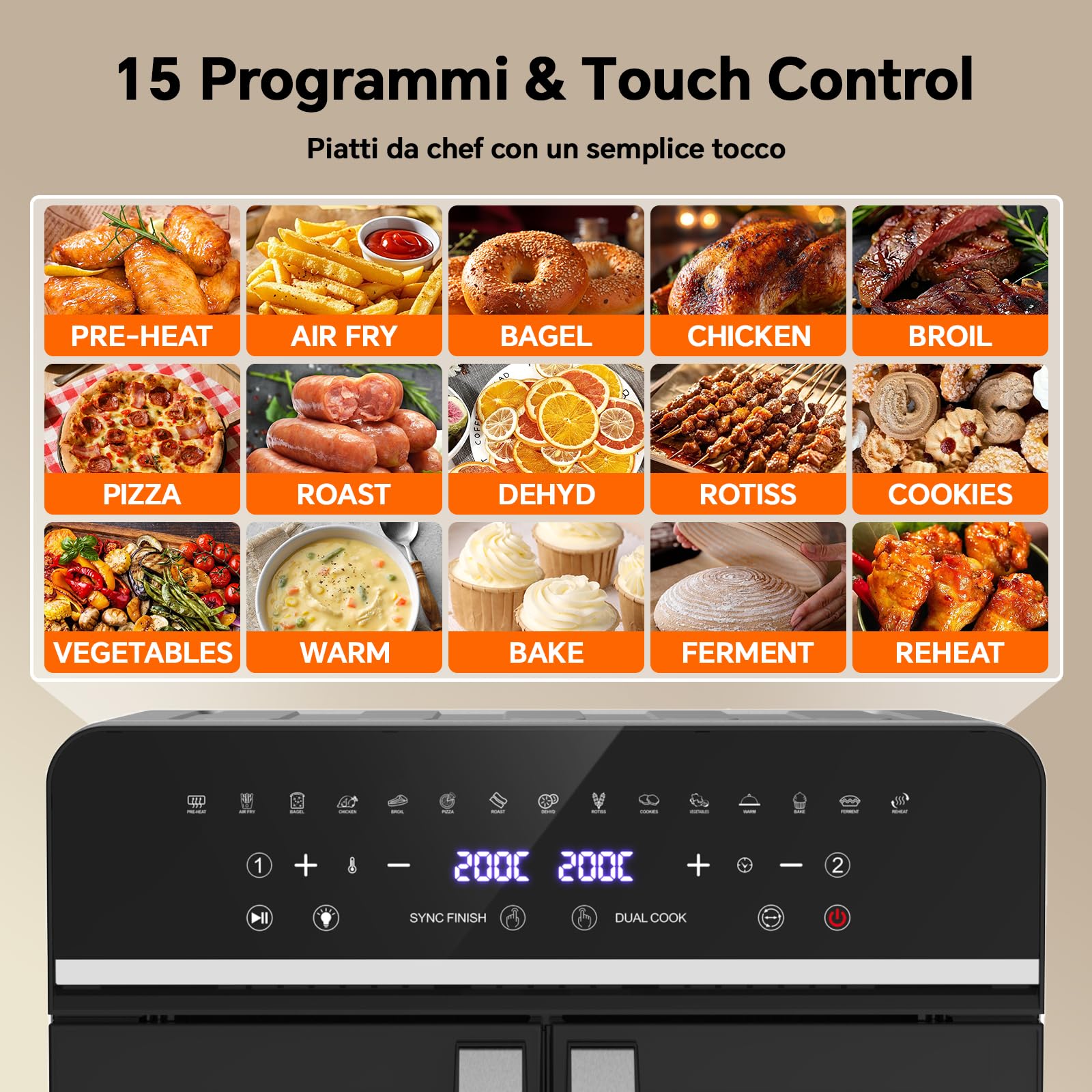 Friggitrice ad Aria 23L XXL Mini Forno con Porte alla Francese, 2600W Air Fryer Dual Zone con Smart-Touch, Sync Finish, 15 Programmi, Ricettario & 13 Accessori Inclusi, Metallo
