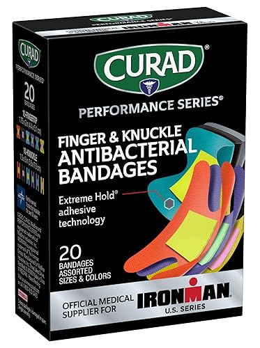 Curad Performance Series Ironman - Vendajes antibacterianos para dedos y nudillos, tecnología adhesiva de sujeción extrema, vendajes de tela, 20