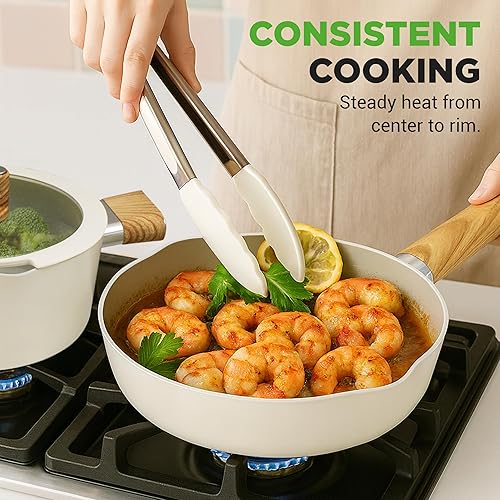 Miniatura 4 de NutriChef Juego de utensilios de cocina de cerámica antiadherente de 14 piezas, ollas y sartenes seguras para inducción con tapas de vidrio, asas de