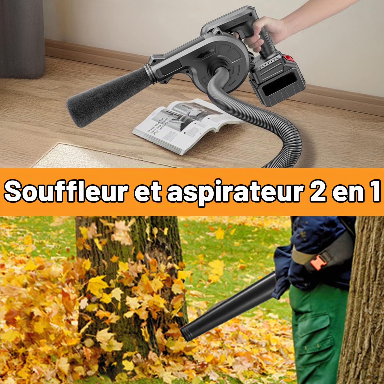 JIMACRO 21V Souffleur de Feuilles sans Fil, Souffleur Feuille avec Chargeur et 2 Batteries, Souffleur Feuilles sans Fil pour Le Jardin, l'entretien de la Pelouse et Le Déneigement
