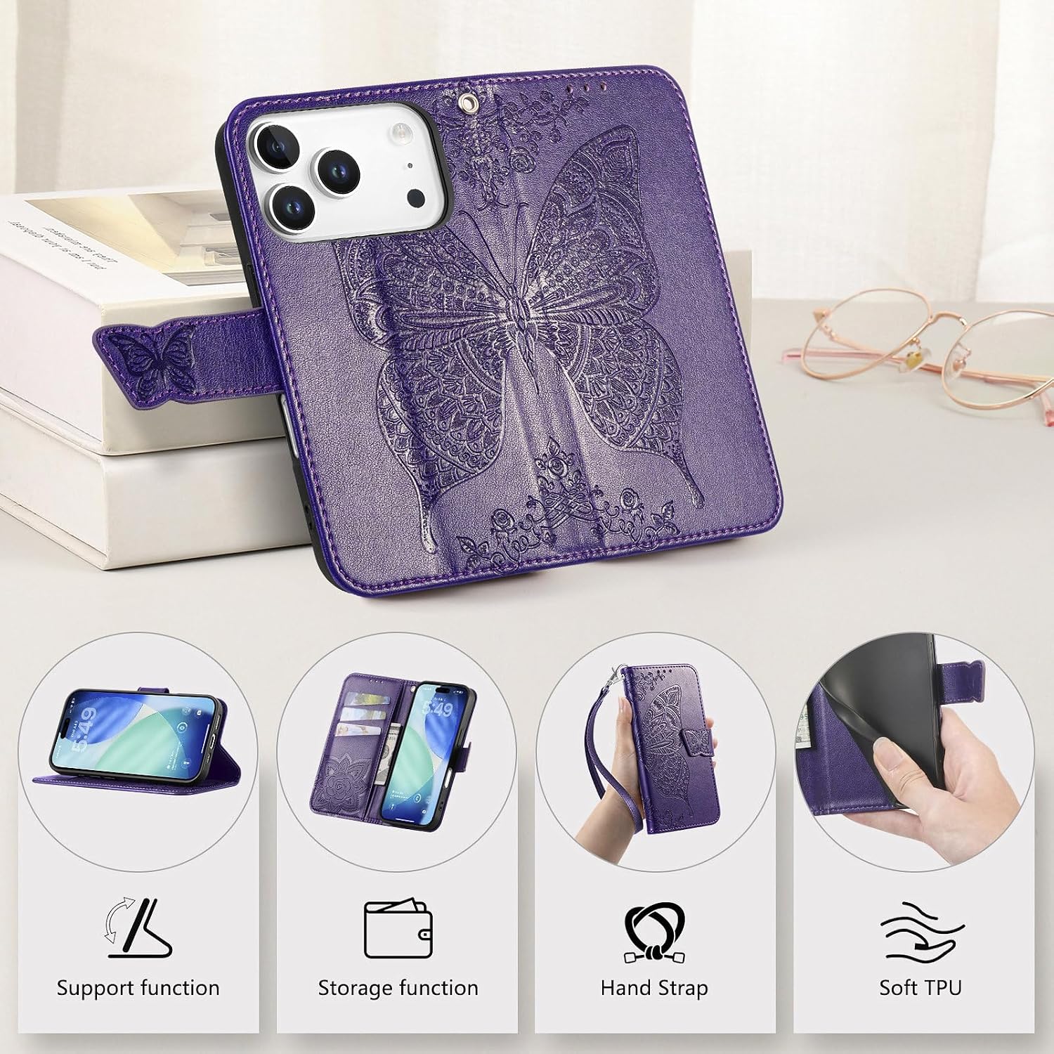 for iPhone 17 Pro Max Phone Case Wallet,Women Flip Folio Cover with Credit Card Holders Emboss Butterfly Flower PU Leather Purse Wrist Strap Kickstand Case for Woman Man Purple