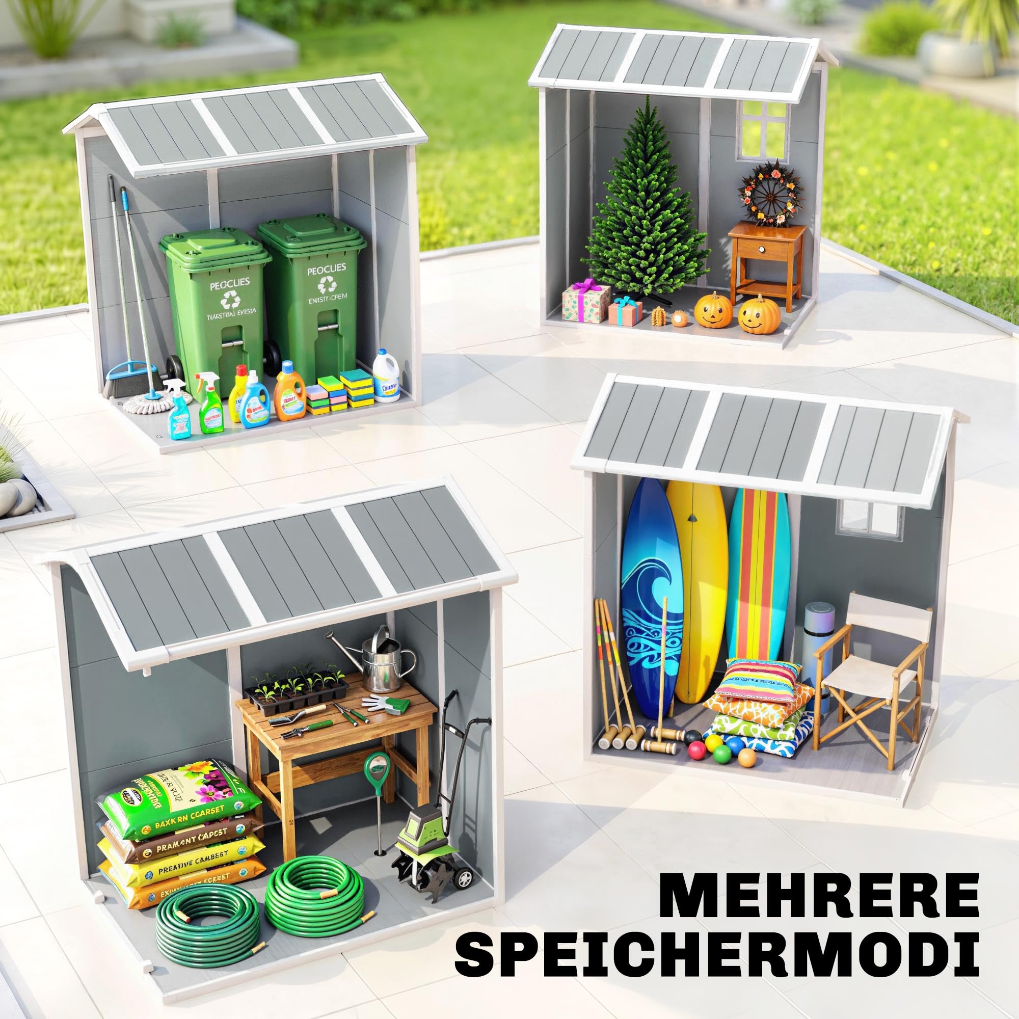 Outsunny Gerätehaus 2,1m² Wasserdicht mit Boden 131x186x198/172 cm Grau | Pultdach Gartenhaus, Geräteschuppen, Abschließbar Tür, Fenster, Fahrradgarage, Kunststoff, Hinterhof, Garten