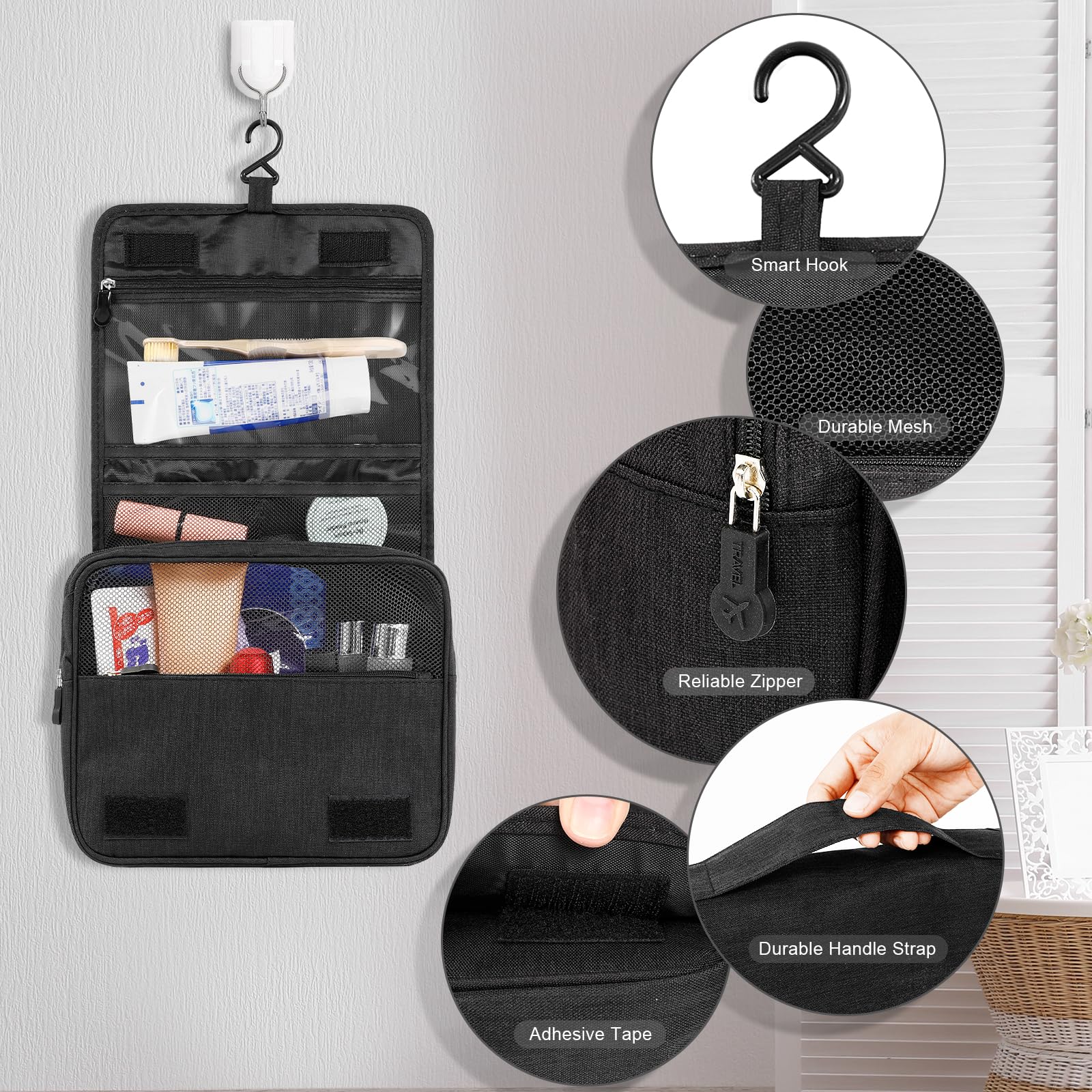 AiQInu Trousse de Toilette, Pliable Grande Trousse de Toilette Voyage pour Hommes et Femmes,Multifonction Imperméable Sac Cosmétique Organisateur de Voyage avec Crochets - 5