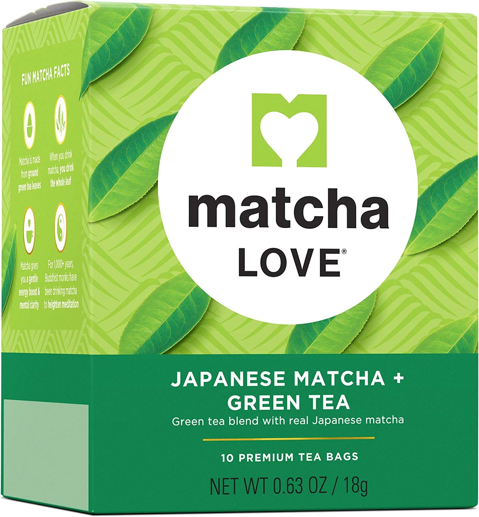Matcha Love Premium Japanese Matcha + Green Tea Bags, (Pack of 10), 10 Count, 100 Teabags Total