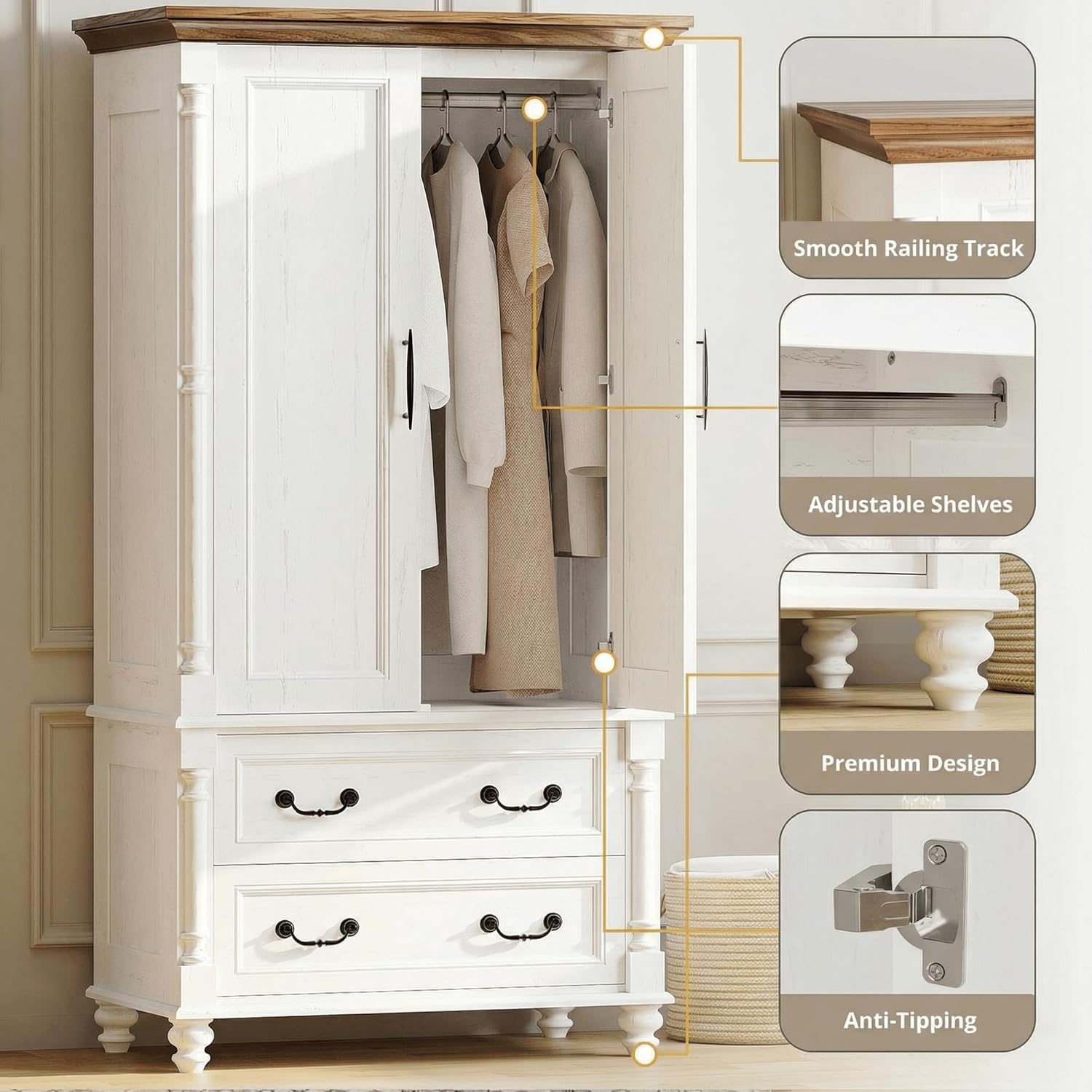 LIKIMIO Farmhouse Armoire Wardrobe Closet with 2 Doors and 2 Drawers, 70" H x 36" W, Large Bedroom Armoire with Roman Column and 3 Hanging Hooks, Wooden Freestanding Closet Cabinet, White