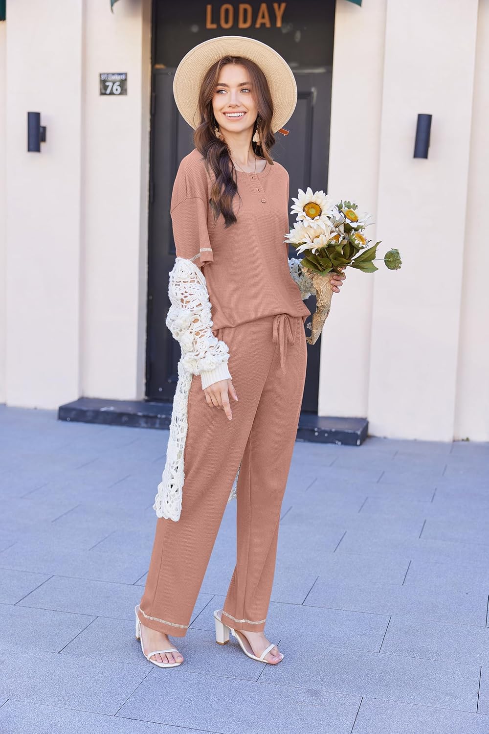 Ekouaer Lounge Sets for Women Waffle Knit Womens Pajama Sets 2 Piece Pjs Sets with Pockets Short Sleeve Top Long Pant - Image 4