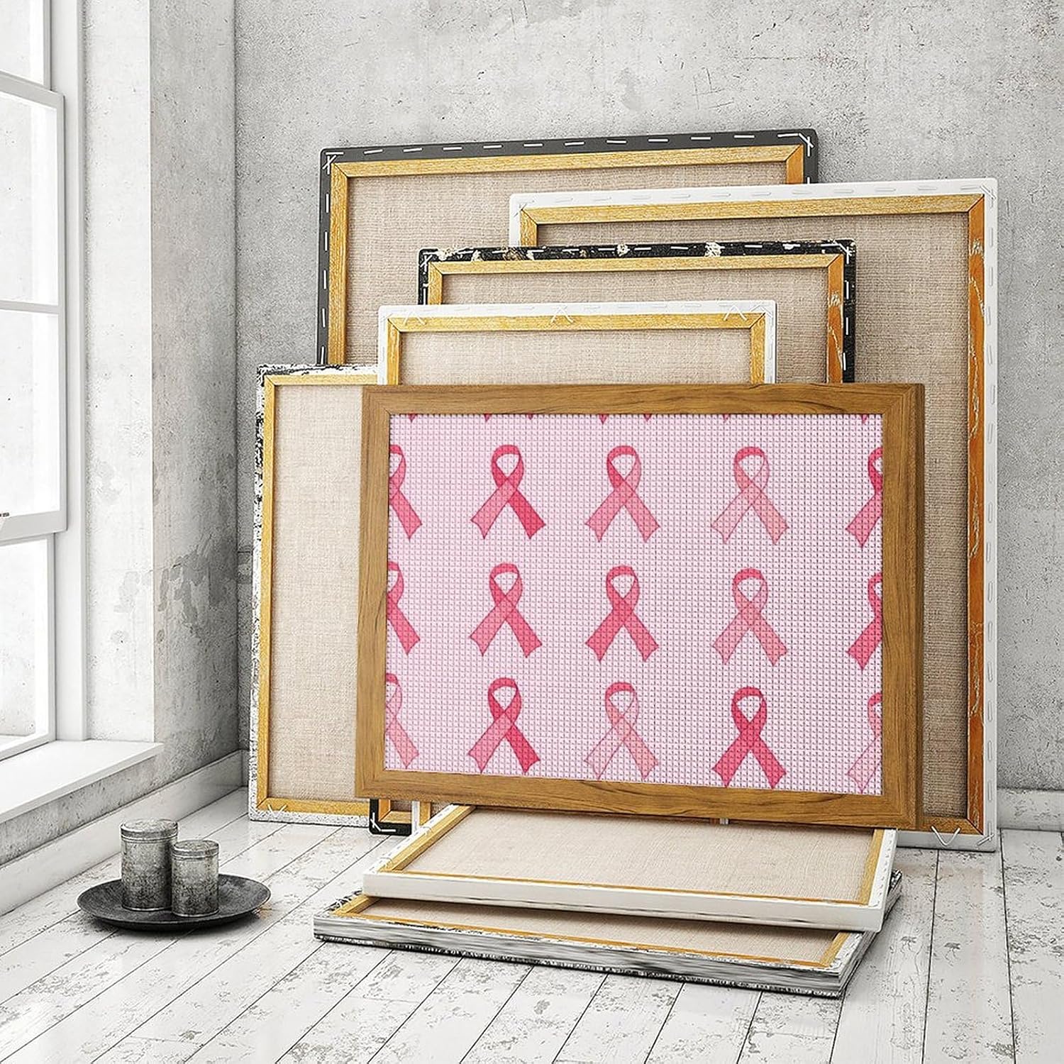 Breast Cancer Ribbon Printed Diamond 5D Painting Kits DIY Full Drill Crafts for Home Wall Decor 16x20 Inch Yellow Wood 50 * 40cm