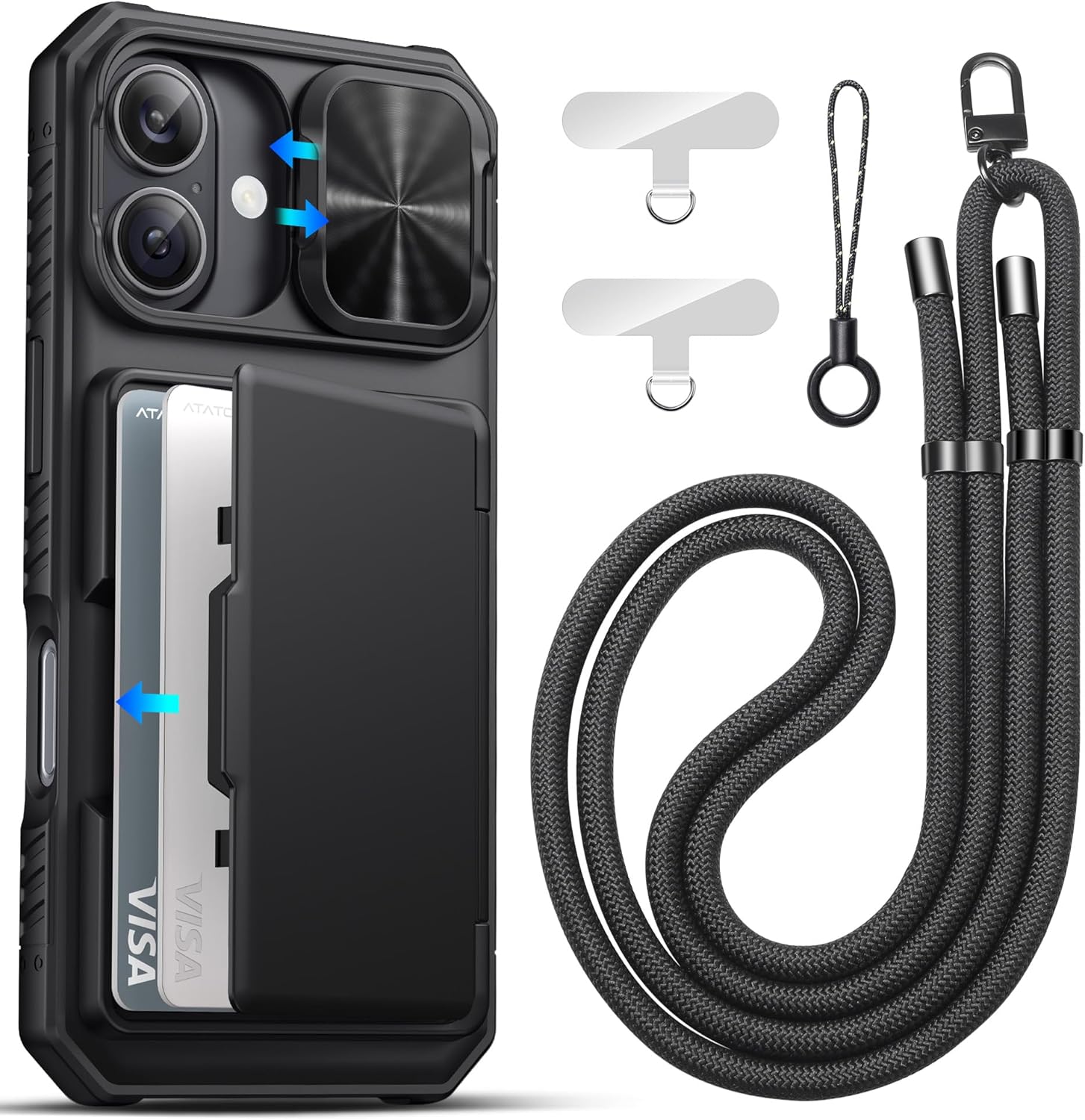 ATATOO for iPhone 17 Case Wallet with Lanyard, Phone Strap Crossbody for Women Men, Card Holder & Slide Camera Cover, Military Grade Protection, Rugged Protective Case for iPhone 17 6.3" 2025, Black
