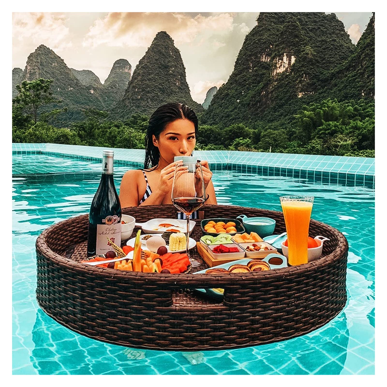 Plateau de Service Flottant de Luxe, Table de Plateau de Piscine, Plateau de Service Flottant de Luxe, Table et Bar, Plateau de Piscine Flottant tissé en rotin, Plateau de Petit-déjeuner flo