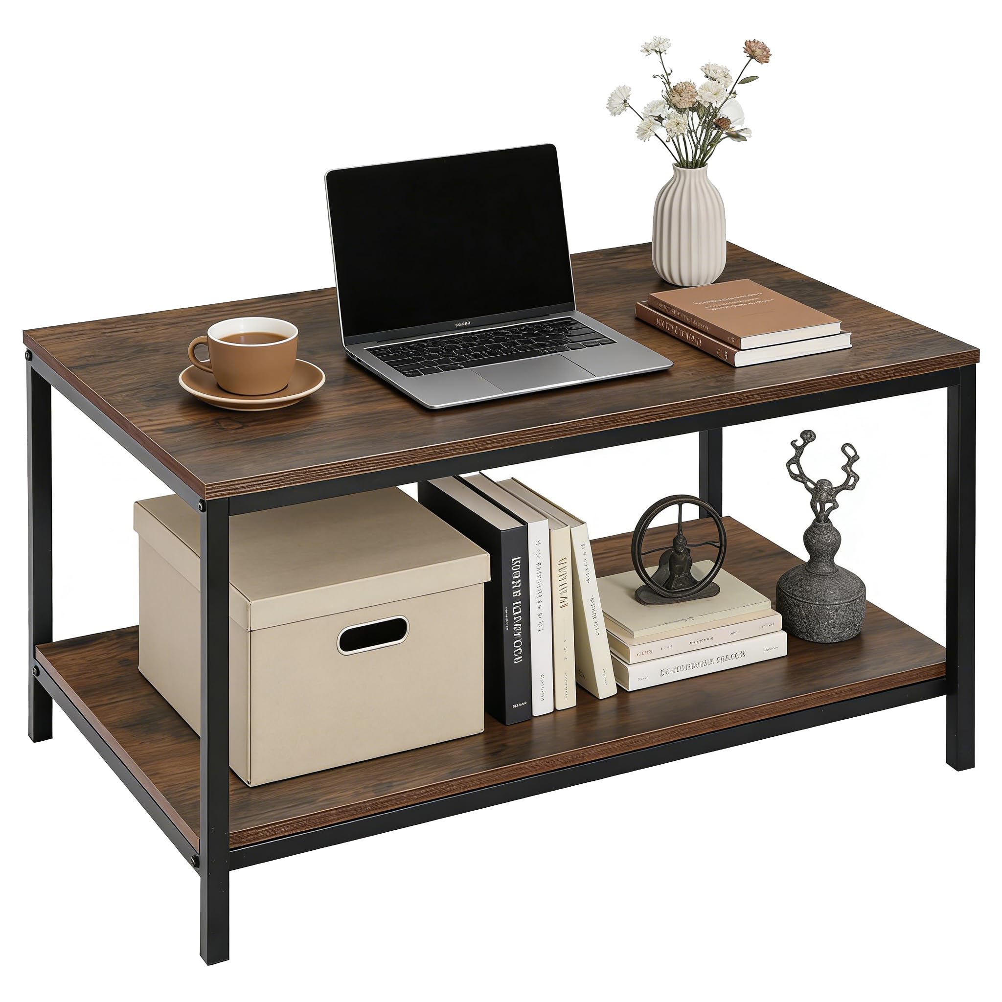 ZenStyle Industrial Coffee Table with Storage Shelf for Living Room, Wood Look Accent Furniture with Vintage Wooden Board Stable Metal Frame Cocktail