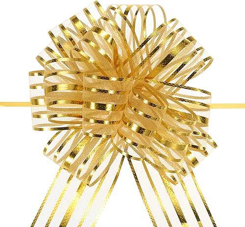 MECCANIXITY 15 lazos metálicos metálicos de organza de 6 pulgadas para envolver regalos, hilo dorado para cestas de boda, regalos de Navidad, día de