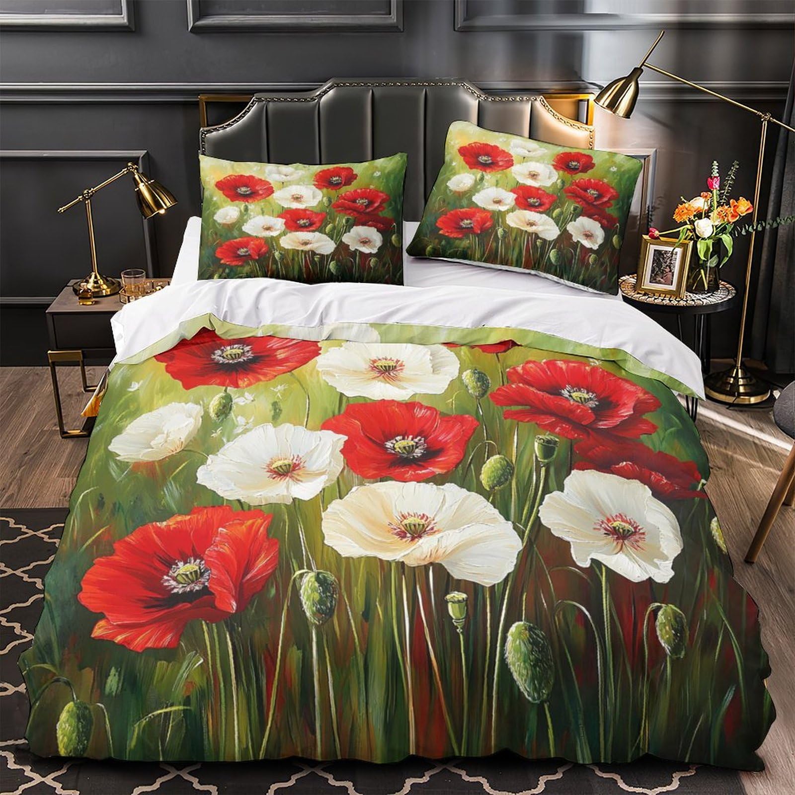 Parure de lit 140x200cm anti-acarien avec housse de couette zippée motif floral rouge