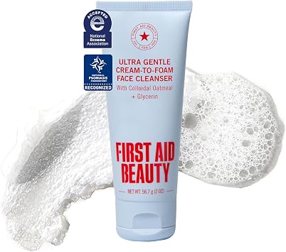 First Aid Beauty Ultra Gentle Cream-to-Foam Pure Facial Cleanser   Makeup Removing Face Cleanser - Face Wash with Colloidal Oatmeal & Glycerin, for Sensitive, Acne & Blemish-Prone Skin, 2 oz