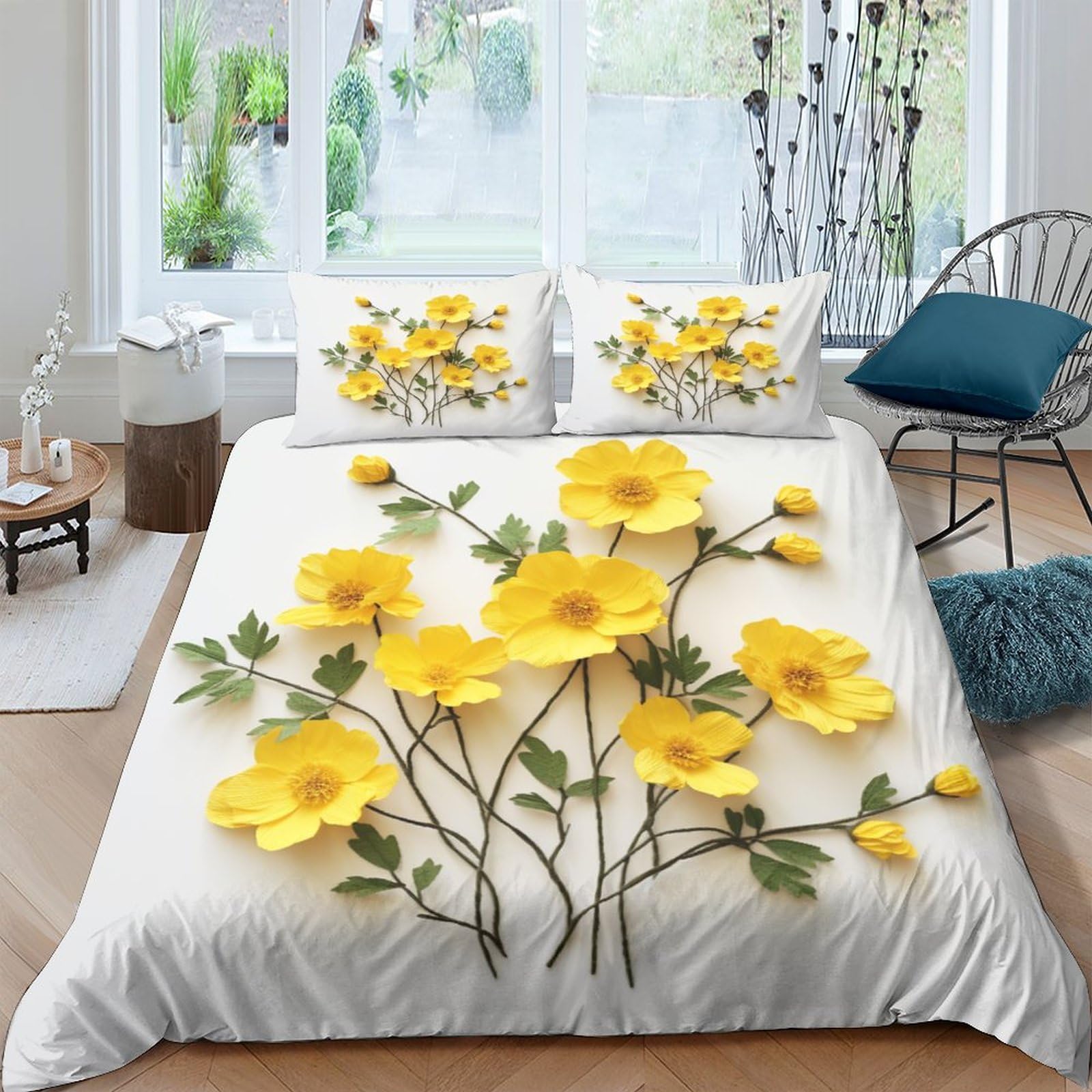 Housses de couettes 220x240cm anti-plis en coton microfibre fleurs jaunes pour lit king size