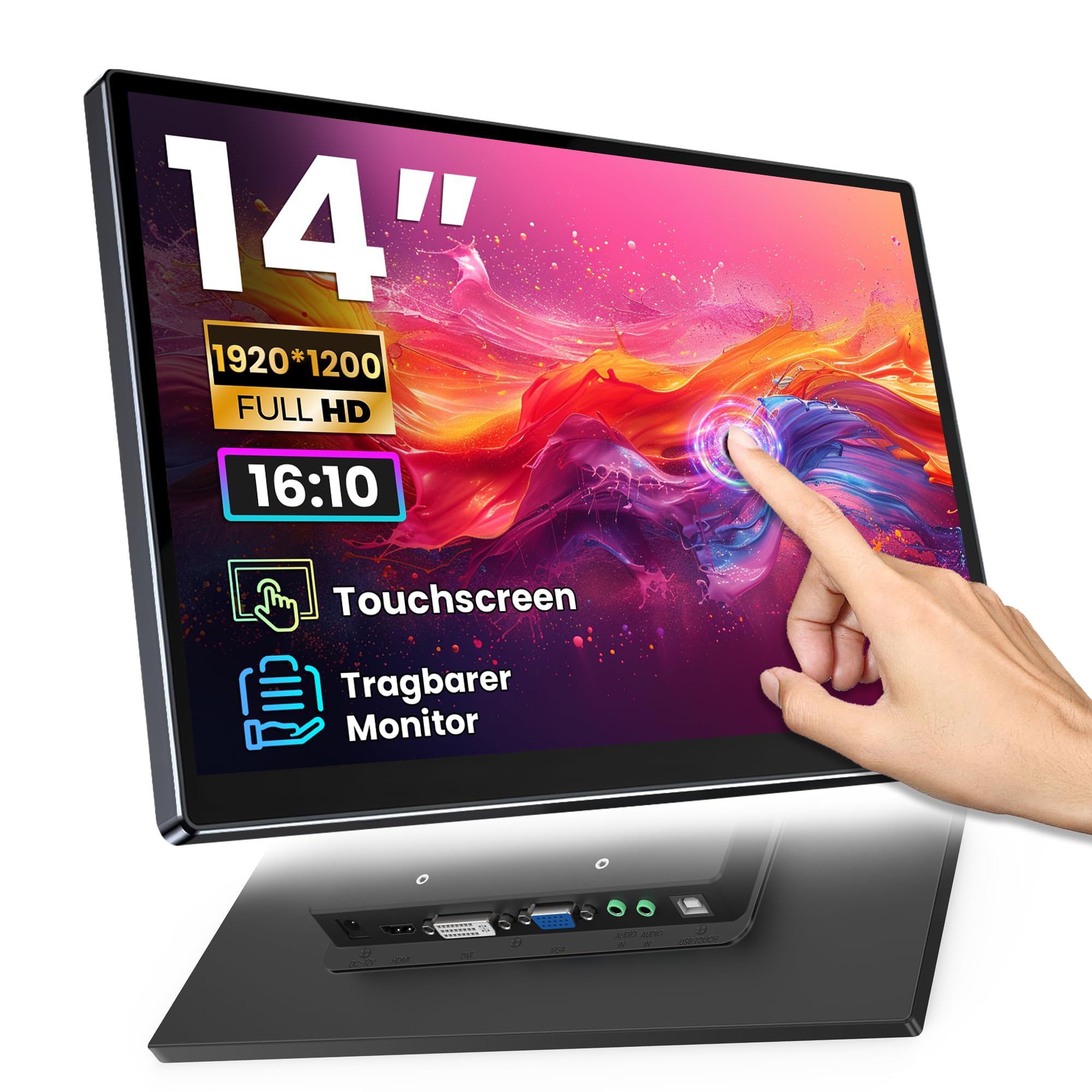 Tragbarer Monitor Touchscreen 14", FHD 1920x1200 100% sRGB 16:10 Bildschirm Monitor IPS Touch Portable Computer Display mit HDMI VGA DVI für Laptop/PC/PS4/Ra pi/Game Console