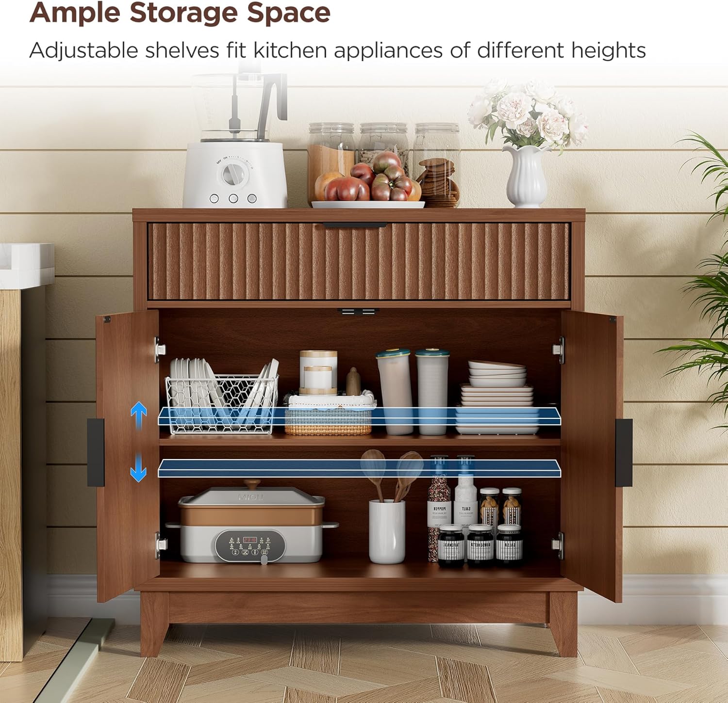 Vabches Fluted Sideboard Buffet Cabinet with Storage, 32" Wide Coffee Bar Console Table with Drawer, Fluted Doors & Adjustable Shelf, Wood Buffet Table for Living Room, Kitchen Dining Room, Brown