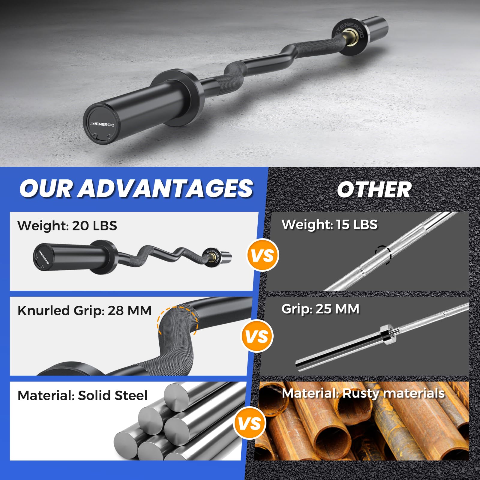 Bilanciere olimpico EZ Curl da 119,4 cm, capacità 226,8 kg, adatto per pesi da 5,1 cm, barra curva da 5,1 cm, per sollevamento pesi, spinte dell'anca, squat, bicipiti, palestra a casa