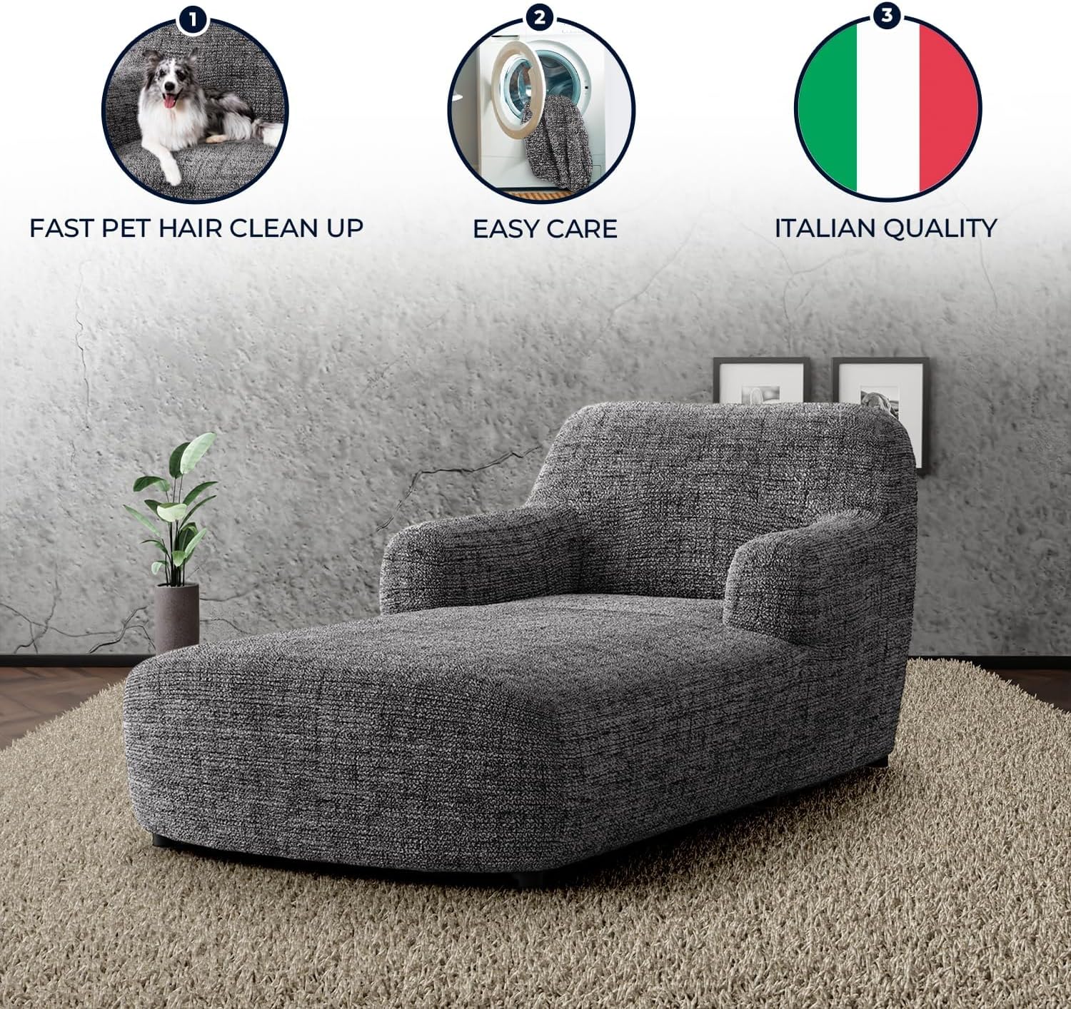 PAULATO BY GA.I.CO. Chaise Lounge Cover – Soft Form-Fit Slipcover – Stretch 1-Piece Protector for Lounge Chair – Printed Fabric – Vittoria Grey (with Armrest 32"-48" Wide)