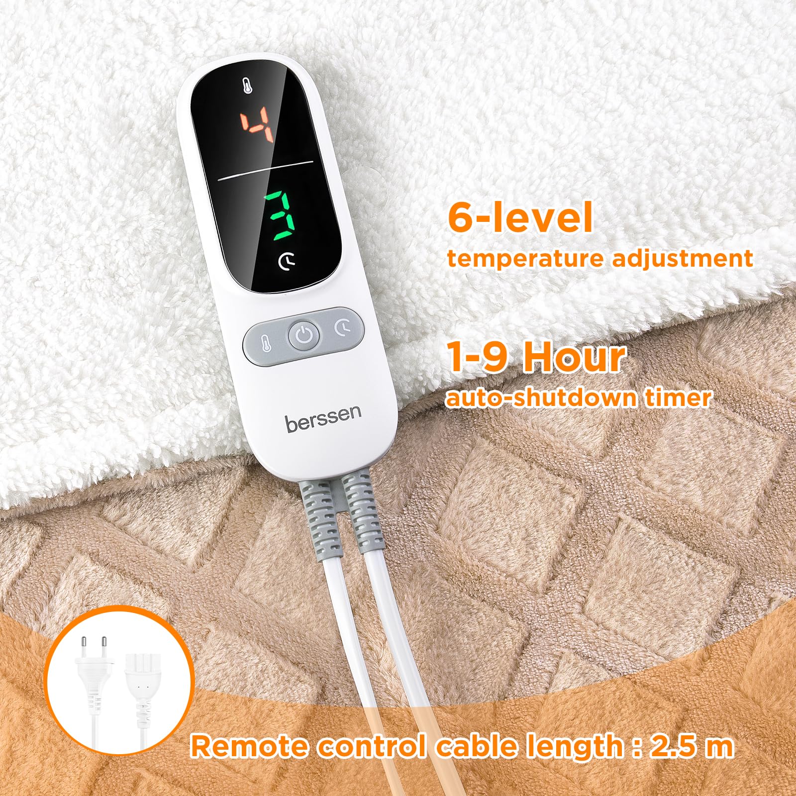 berssen Coperta Elettrica con Spegnimento Automatico, 6 livelli di Riscaldamento, 1–9 Ore, Protezione da Surriscaldamento, Coperta Elettrica per Casa e Ufficio, 130 x 180 cm, Marrone