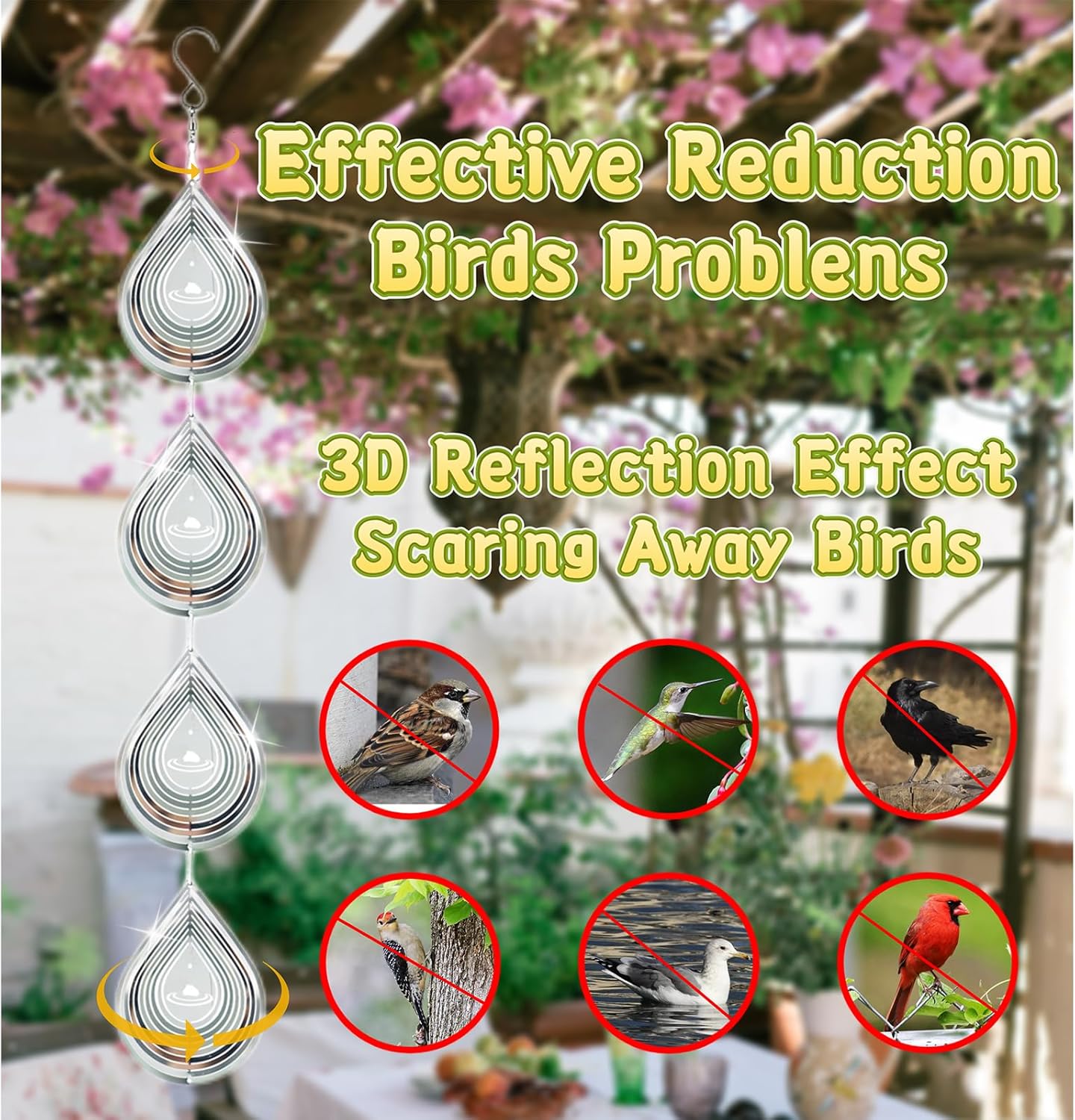 Water Droplets Bird Scare Discs Set-Highly Reflective Double-Sided Bird Reflectors, Extra Sparkly Metal Wind Spinner Outdoor Garden Decor, Decorations to Scare Away Yard Birds