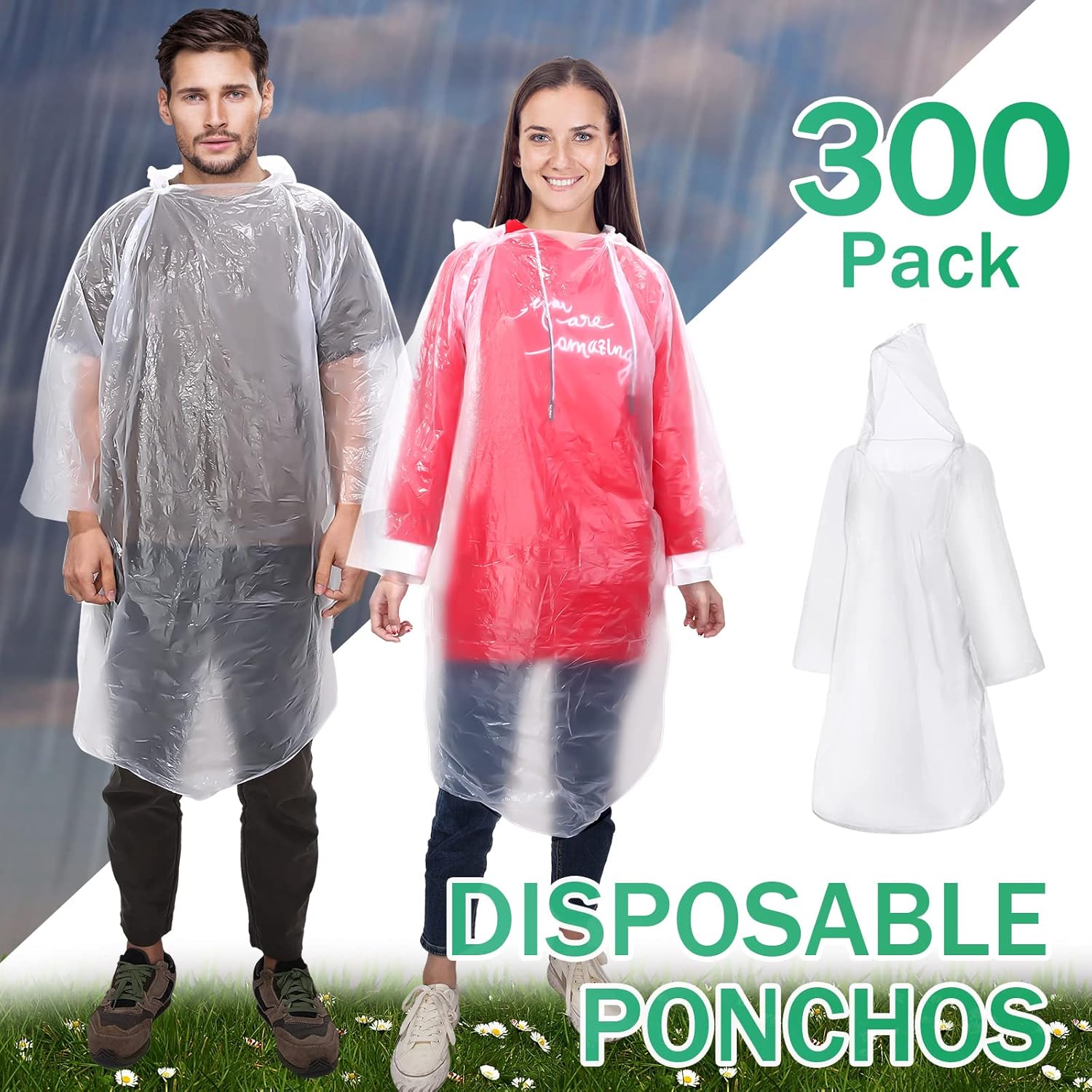 Wesiti 300 Pcs Adults Rain Ponchos Bulk Disposable Rain Ponchos with Hood for Traveling Camping Hiking - Image 2