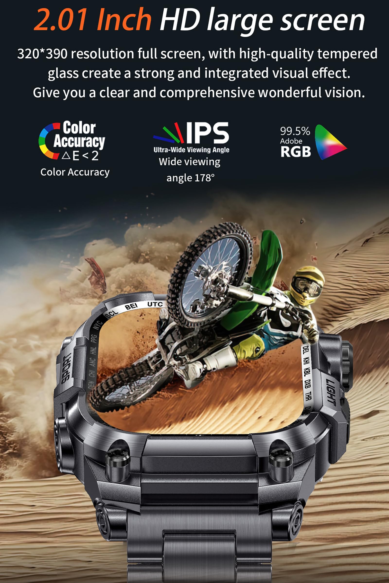Orologio militare, da uomo, con torcia a LED, funzione telefonica, 2,01", robusto, per attività all'aperto, 100 + modalità sportive, monitoraggio della frequenza cardiaca, monitoraggio del sonno