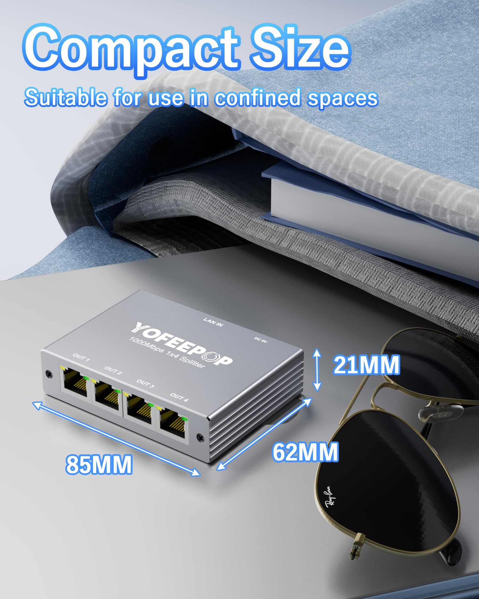 Répartiteur Ethernet 1 à 4, commutateur réseau Gigabit, 1000 Mbps haut débit RJ45 répartiteur Internet avec câble d'alimentation USB-C pour PC/ordinateur portable, PS5, Xbox, routeur, TV