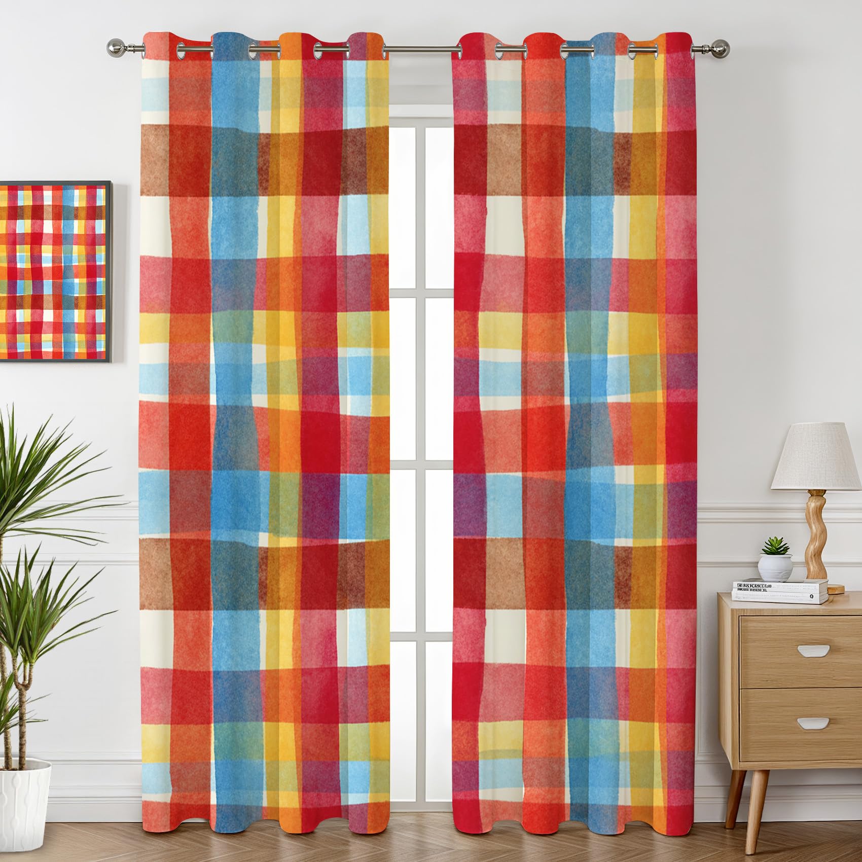 Karo Muster Vorhänge Blickdicht Wohnzimmer Bunt Kariert Vorhang mit ösen Gardinen 175 cm Hoch 2er Set Verdunklungsvorhänge für Schlafzimmer Fenster