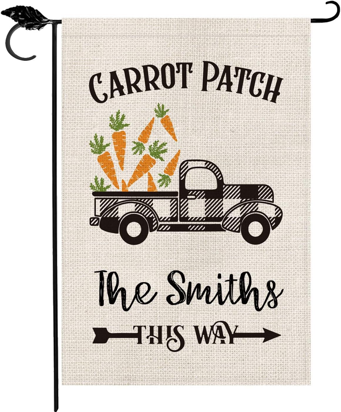 Smile Personalized Easter Spring House Flag, Carrot Patch Customized Family Last Name Truck Buffalo Plaid, Double Sided 28 x 40 Inch Rustic Farmhouse Burlap Yard Outdoor Decoration